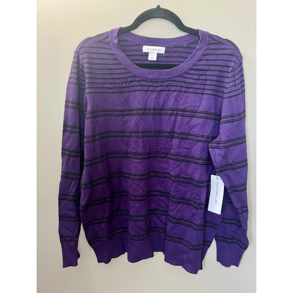 Liz Claiborne Womens Purple Black Striped Crewneck Sweater XL Long Sleeve NWT